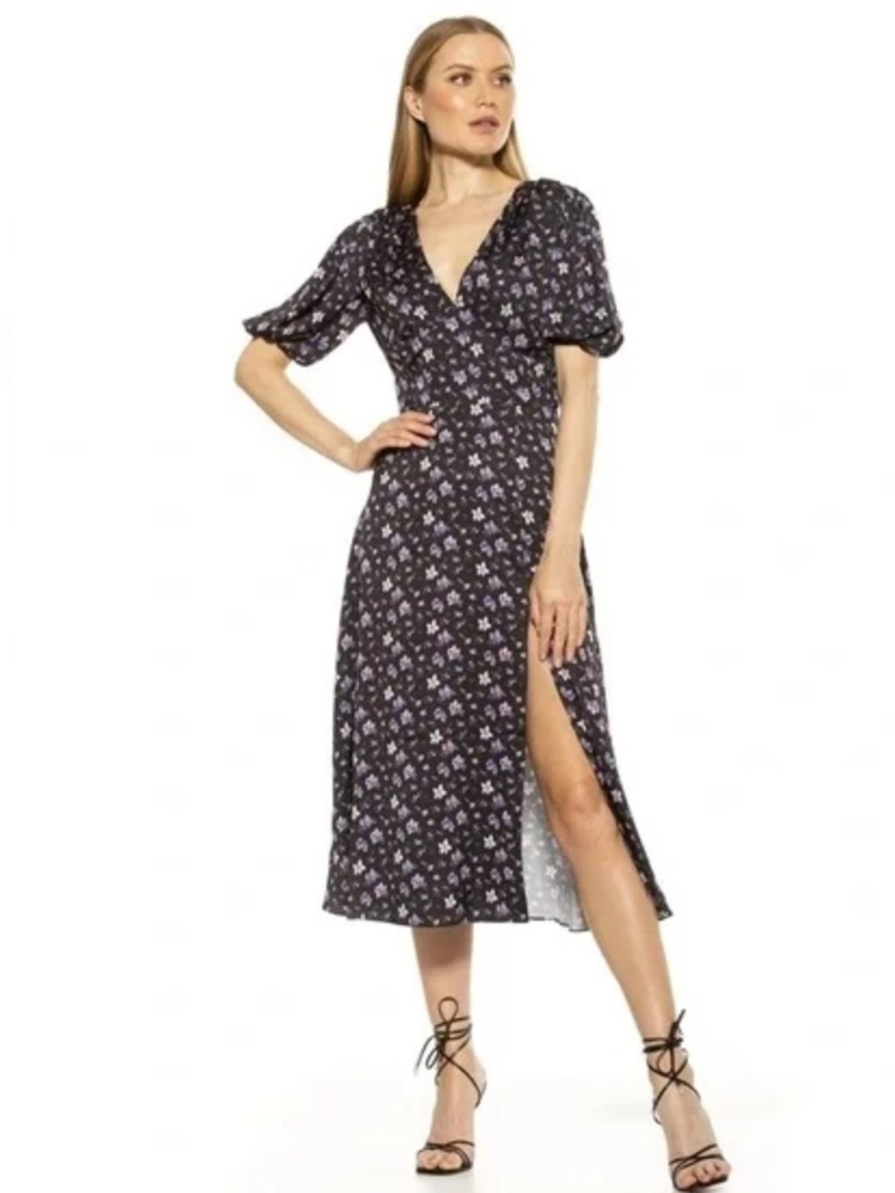 Alexia Admor Nola Puff Sleeve Black Floral Fit Flare Dress Size 10 Spring